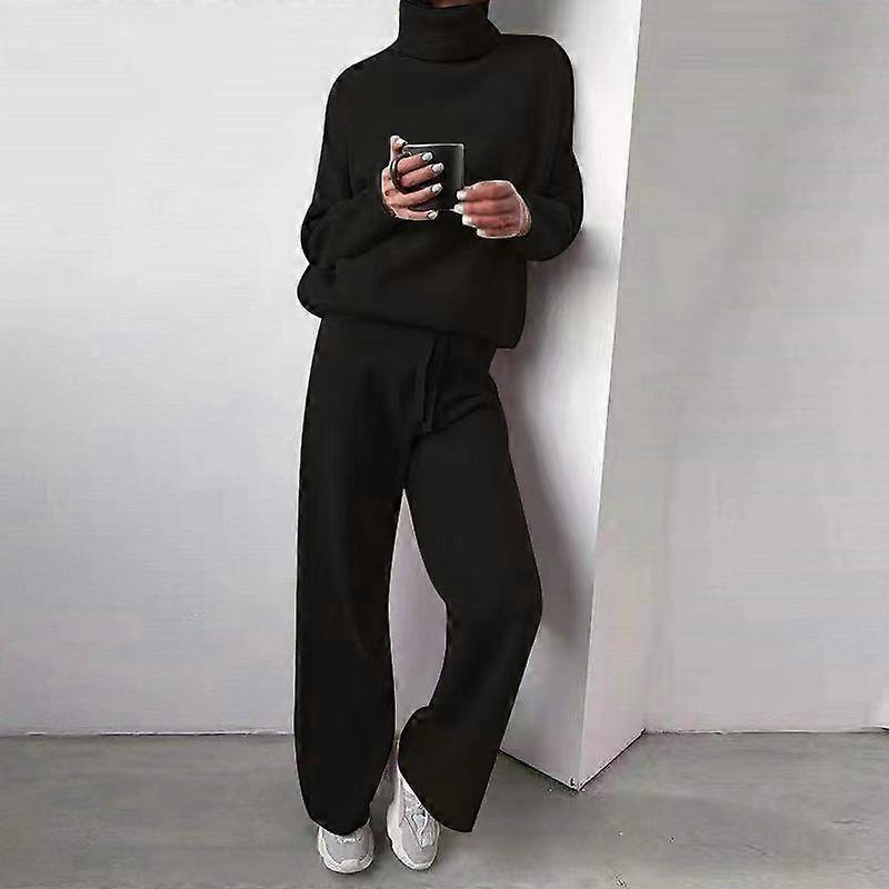 Plus Size Women's Fall/Winter High-Neck Solid Color Patchwork Knitted Two-Piece Trouser Top