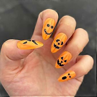 Halloween Almond Press On Nails with Pumpkin Design, Medium Acrylic Fake Nails Set 24 Pieces