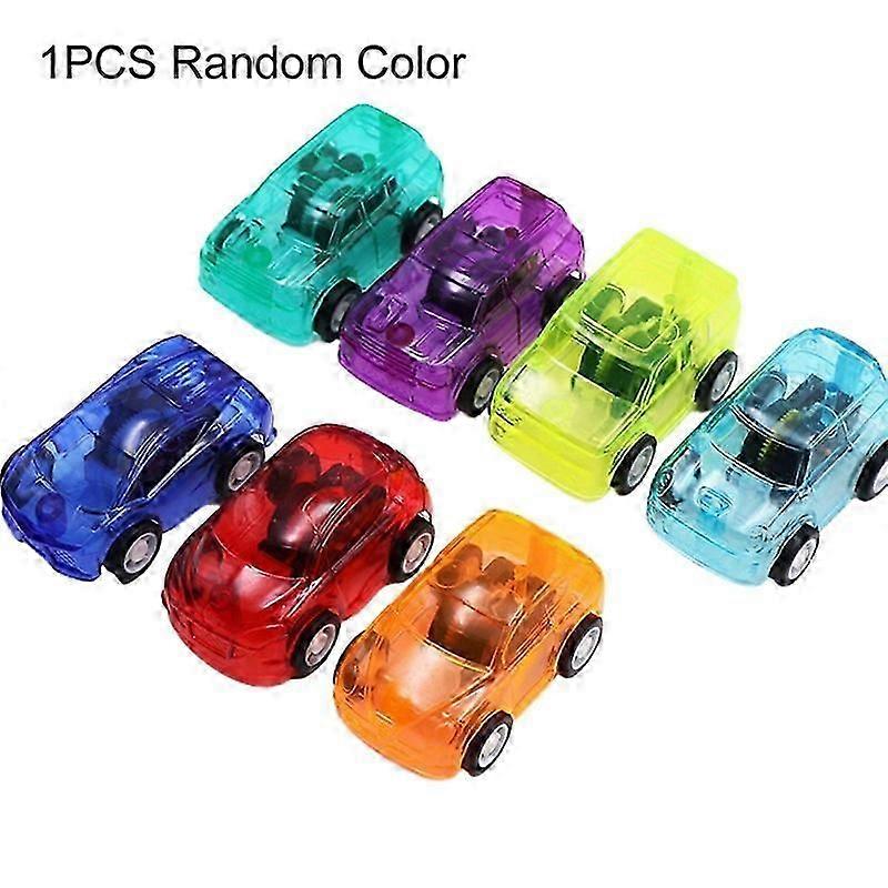 Cute mini pullback car model in candy-colored transparent plastic, suitable for children.