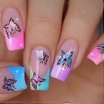 Glänzender falscher Nagel Quadrat Stick on Nagel mit Schmetterling Full Cover Künstlicher Nagel Druck auf Nagel für verschiedene Anlässe