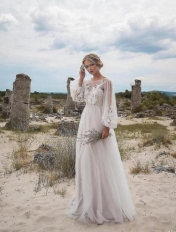 Beach Wedding Dress Elegant V-Neck Puff Sleeve Mesh Appliques