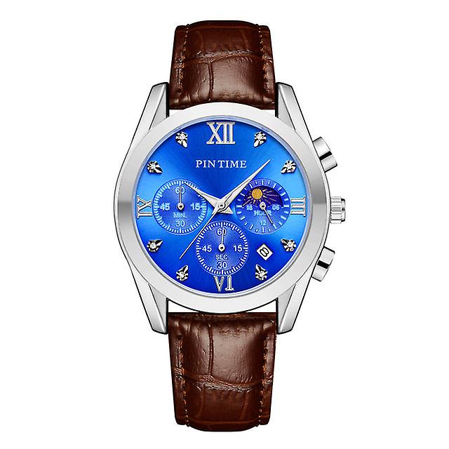 Pintime Man Watch Waterproof 3bar Casual Quartz Wristwatch Stainless Steel Strap Moon Phase Dial Work Chrono Function Clock Gift
