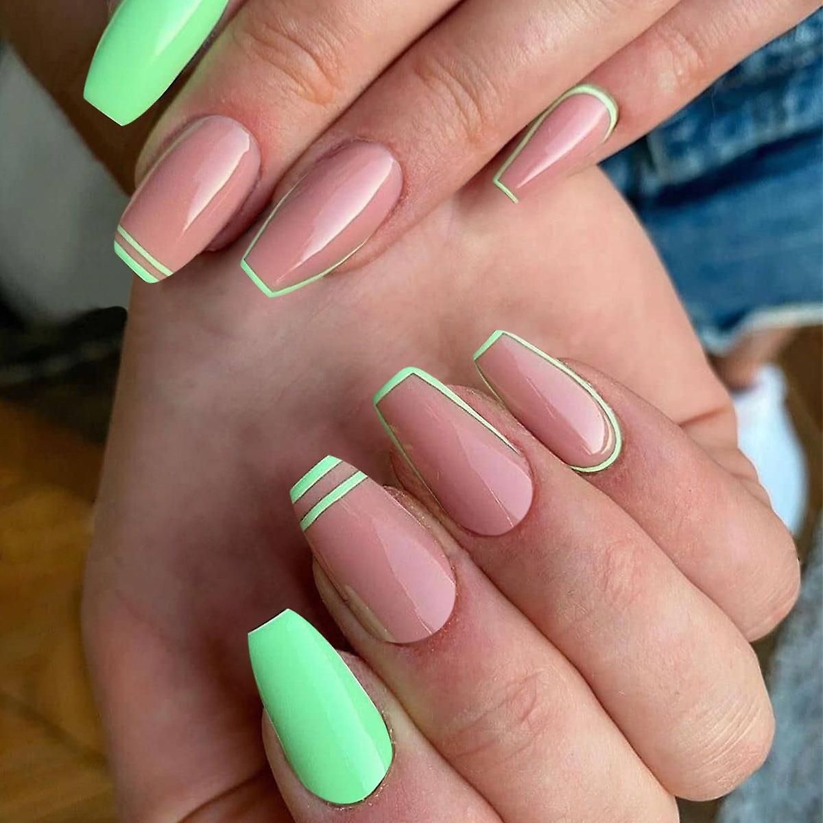 False Nail Tips Fake Artificial Art DIY Finger Cover Pure Green Pink Finished Waterproof Removable