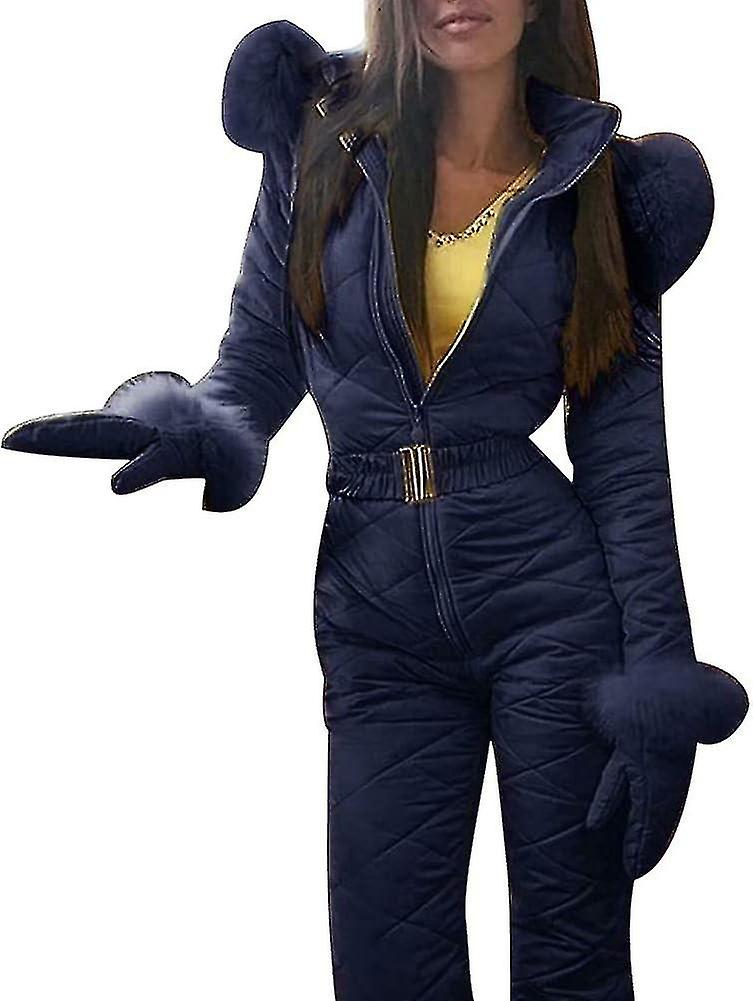 New Winter Women's Hooded Jumpsuits Cotton Padded Warm Sashes Ski Suit Straight Zipper One Piece Casual Tracksuits