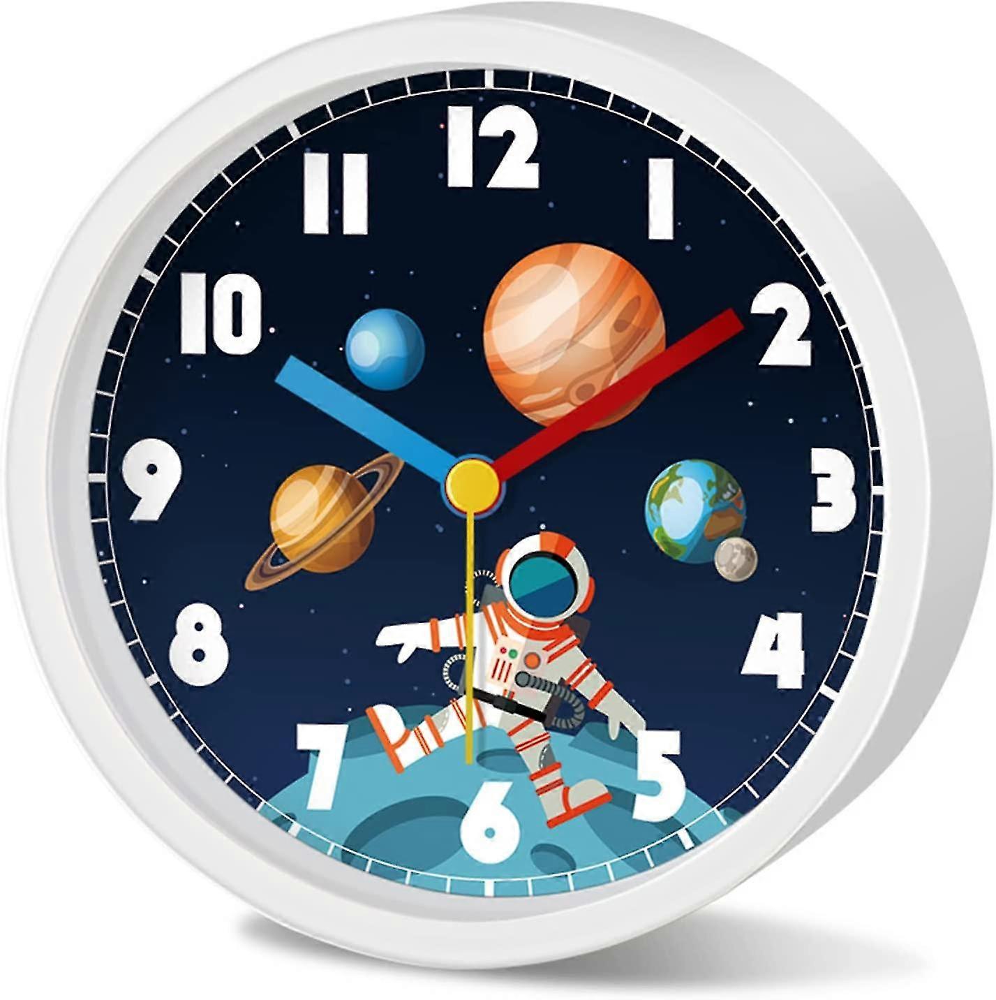 ساعة منبه مكتبية للأطفال ذات موضوع السفر الفضائي ، تعمل بالبطارية الصامتة غير المميزة (أبيض)