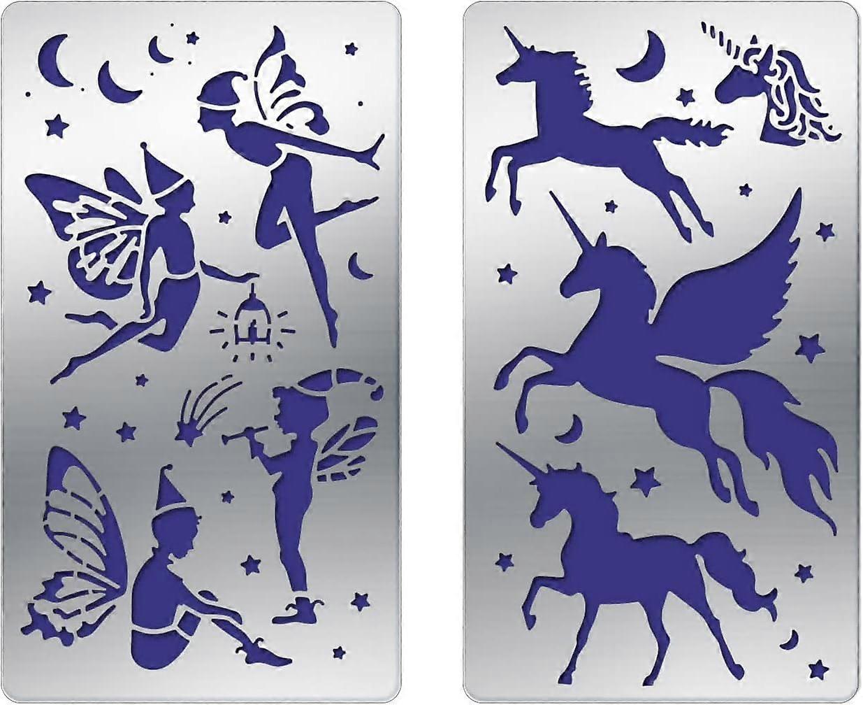 2pcs Metal Scrapbooking Drawing Stencils Set Male Elves and Unicorn Metal Stencils (4x7Inch) Journal Templates Ruler