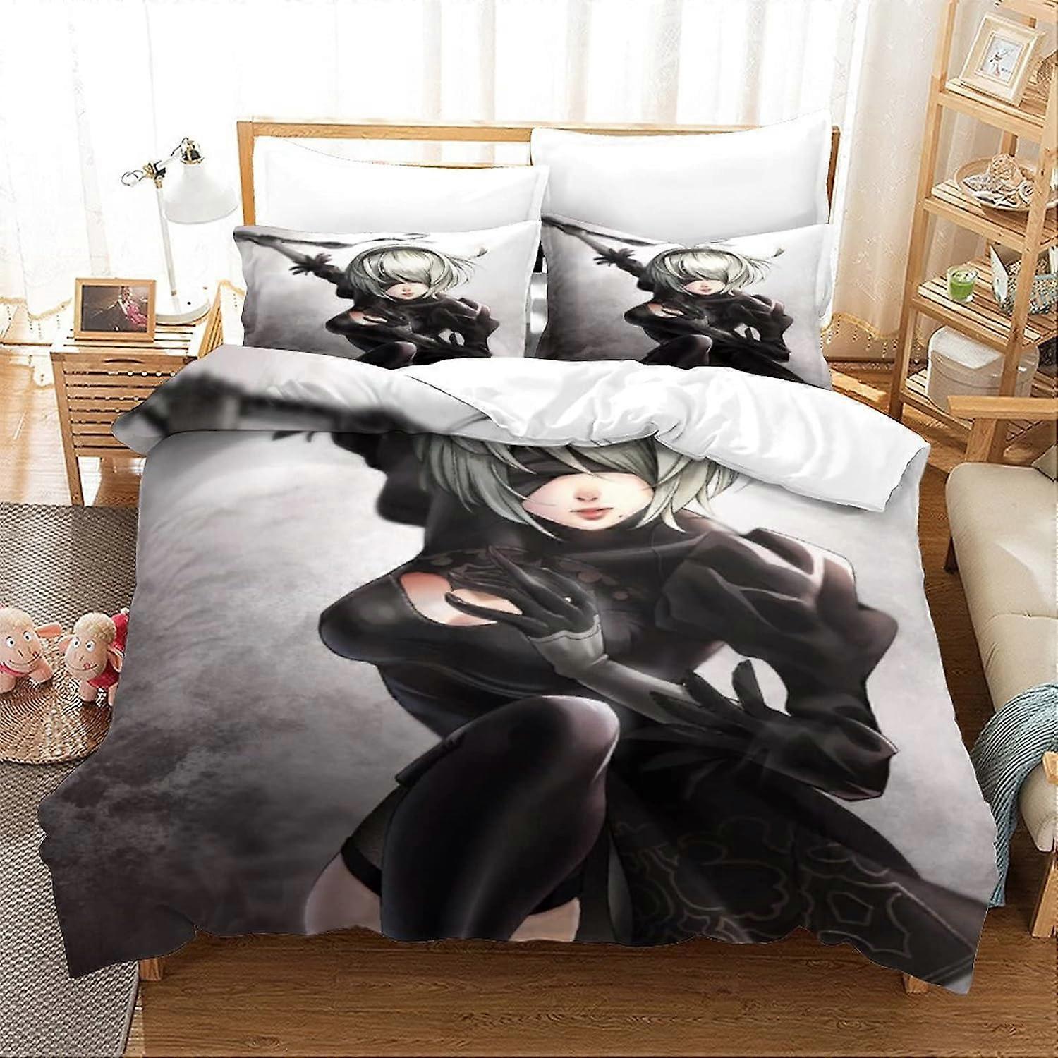 Nier Automata One Piece Duvet Cover Game, One Piece Yorha No Type B Bedding Set with Zipper - Duvet Cover Sets with Double Pillowcases 135*200 CM
