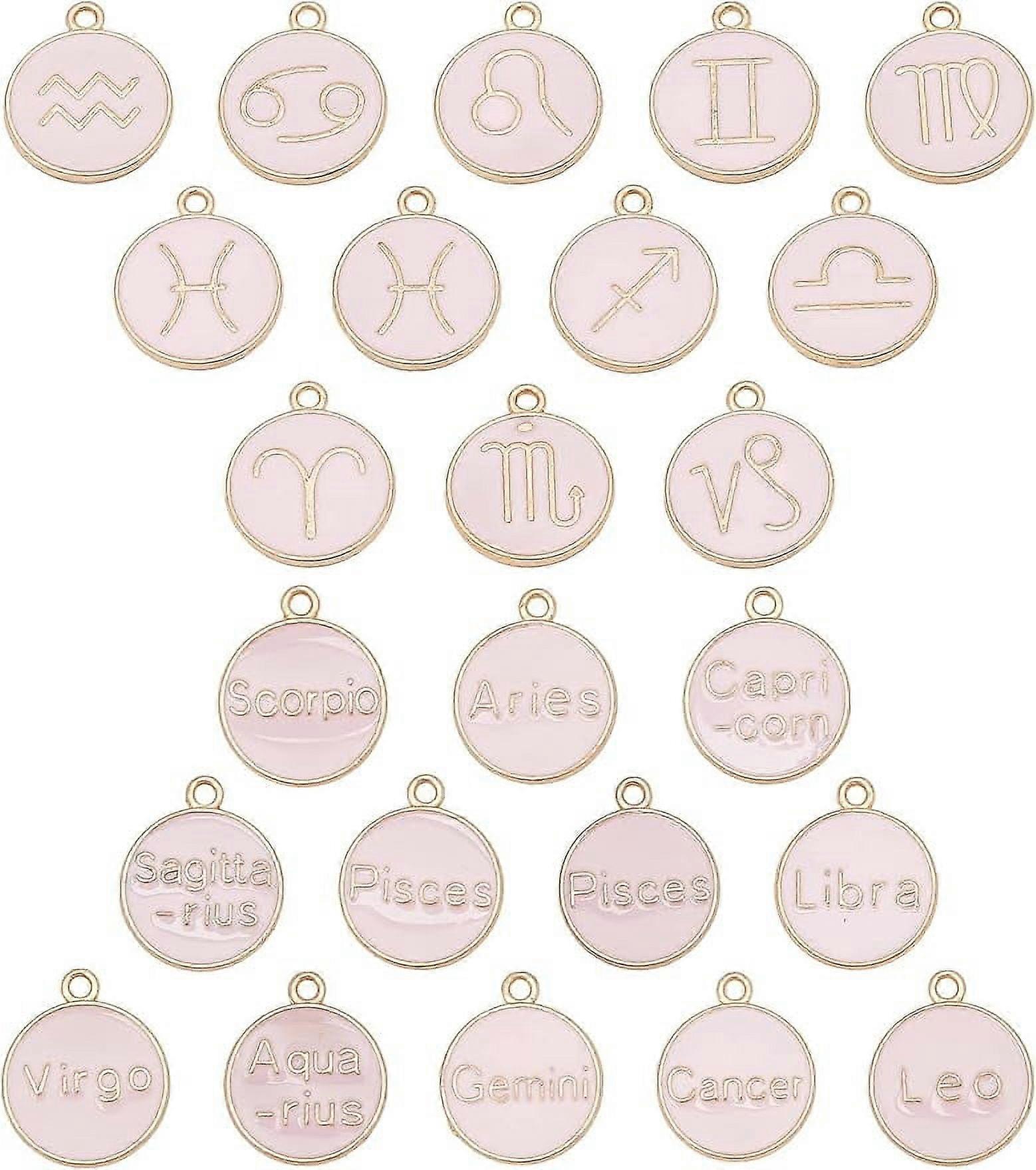 48Pcs Zodiac Charm Flat Round Charm Twelve Constellation Alloy Enamel Virgo Scorpio Libra Leo Sign Charms Gold Plated for Jewelry Making