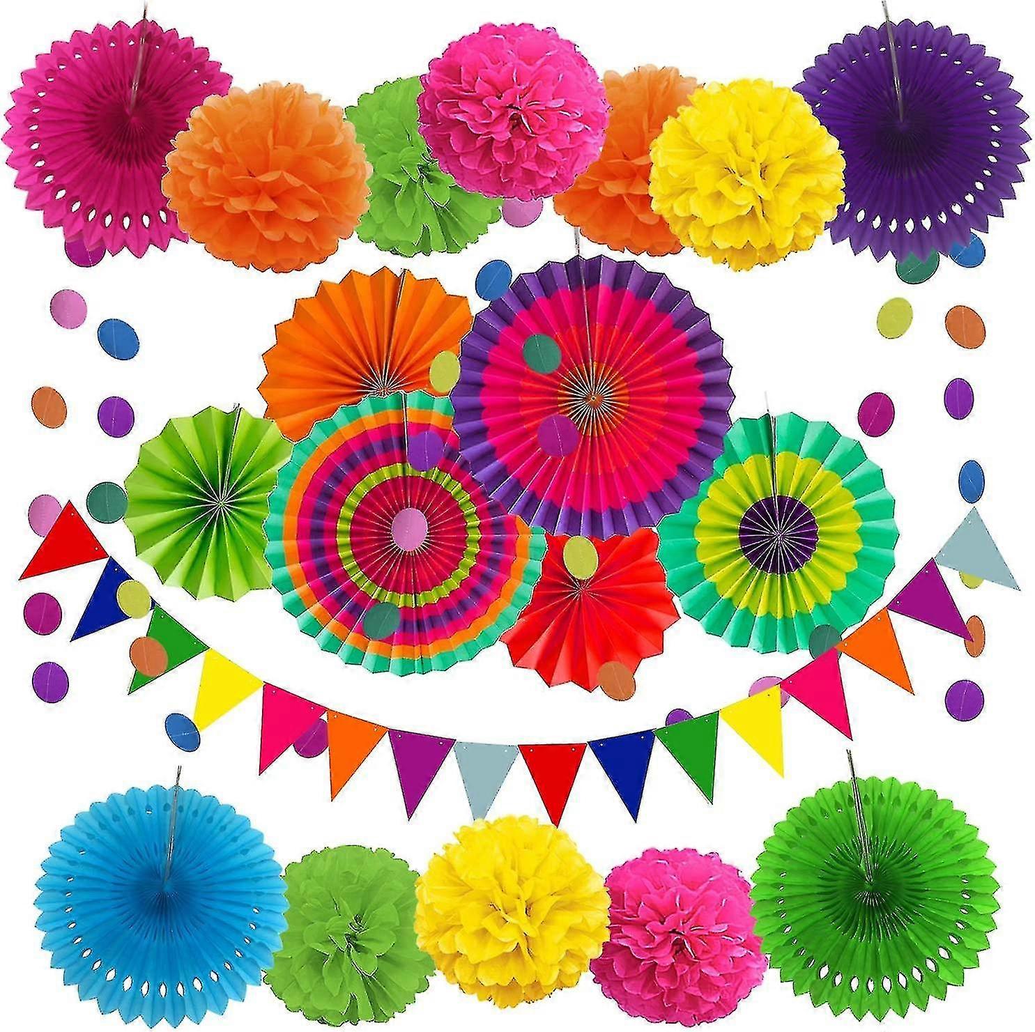 Party Decoration Paper Pompoms, Hanging Fan, Triangle Bunting And Hanging Glitter Dot Garland For Party Wedding Birthday Festival Christmas Event Mexi