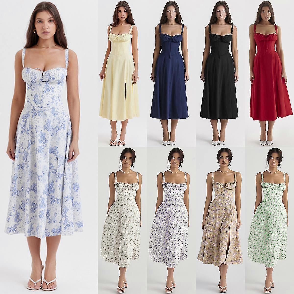 Női virágmintás ujjatlan ruched mellszobor hasított comb Boho midi ruha Carmen Print Bustier Sundress