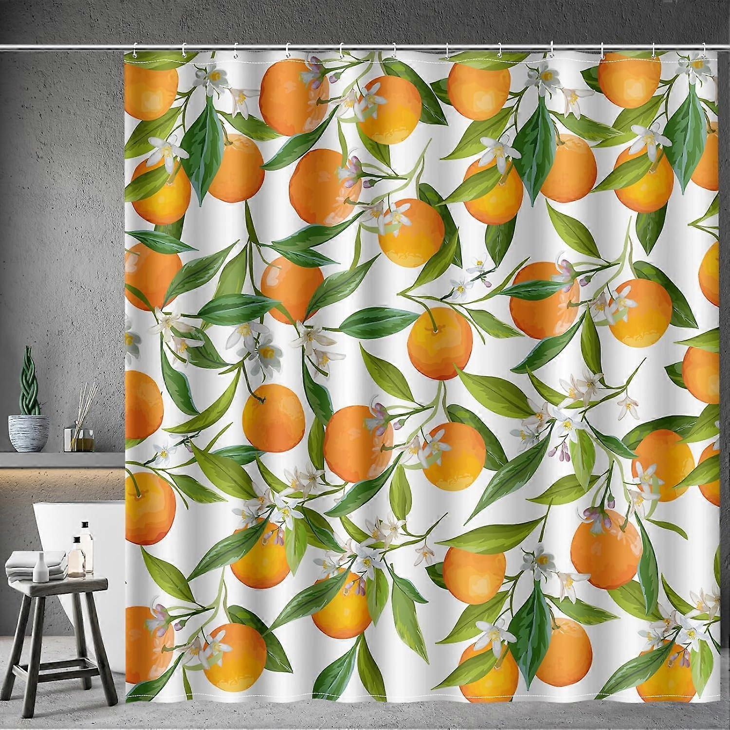 Orange Fruit Shower Curtain - Yellow Fruits Green Leaves Floral Modern Summer Fresh Nature Rustic Fabric Cloth Bath Shower Curtain Set with 12 Hooks f