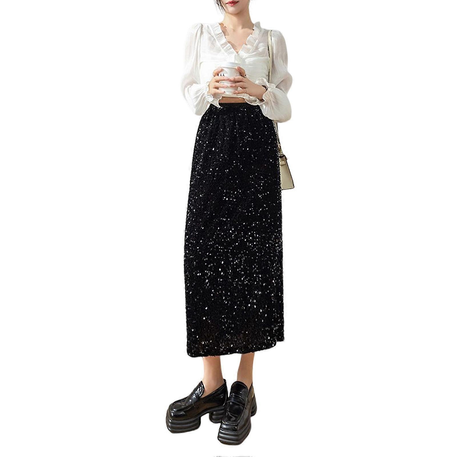 Women\'s Side Split Long Skirts Shiny Glitter Solid Color Elastic Waist Skirts For Work Business Office Club