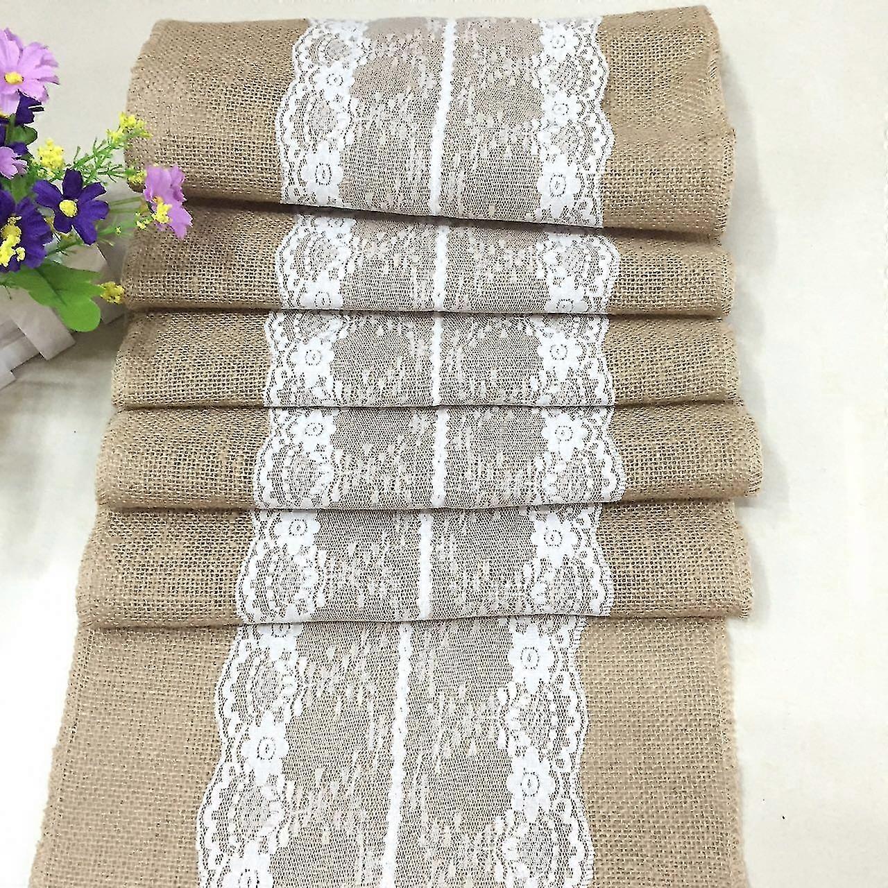 6pcs Table Runner Jute Imitated Linen Rustic Flag With Lace Edge Wedding Decoration Solid Gray Party Tablecloth (color : White, Size : 30x275cm)