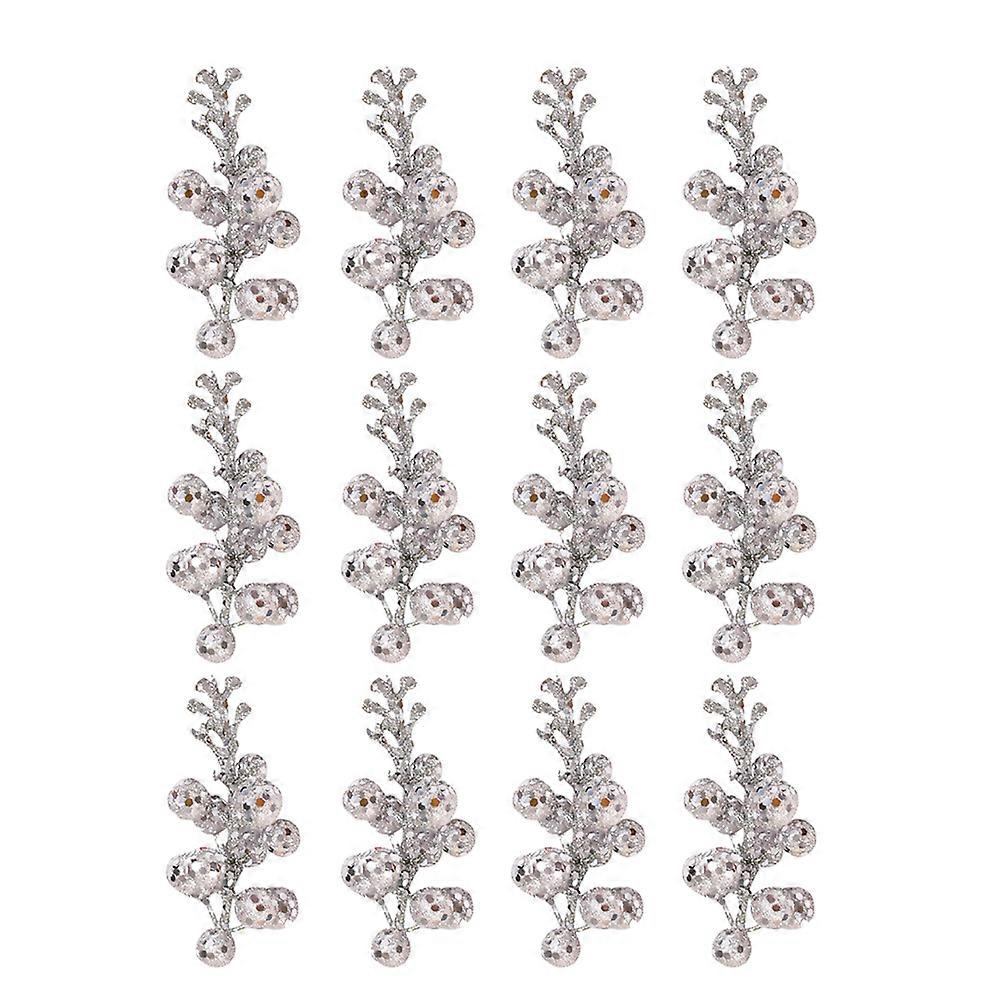 12pcs Christmas Glitter Ornament Simulate String Ball Glitter Fruit String Lifelike DIY Garland Craft Material Home Decor(Silver)