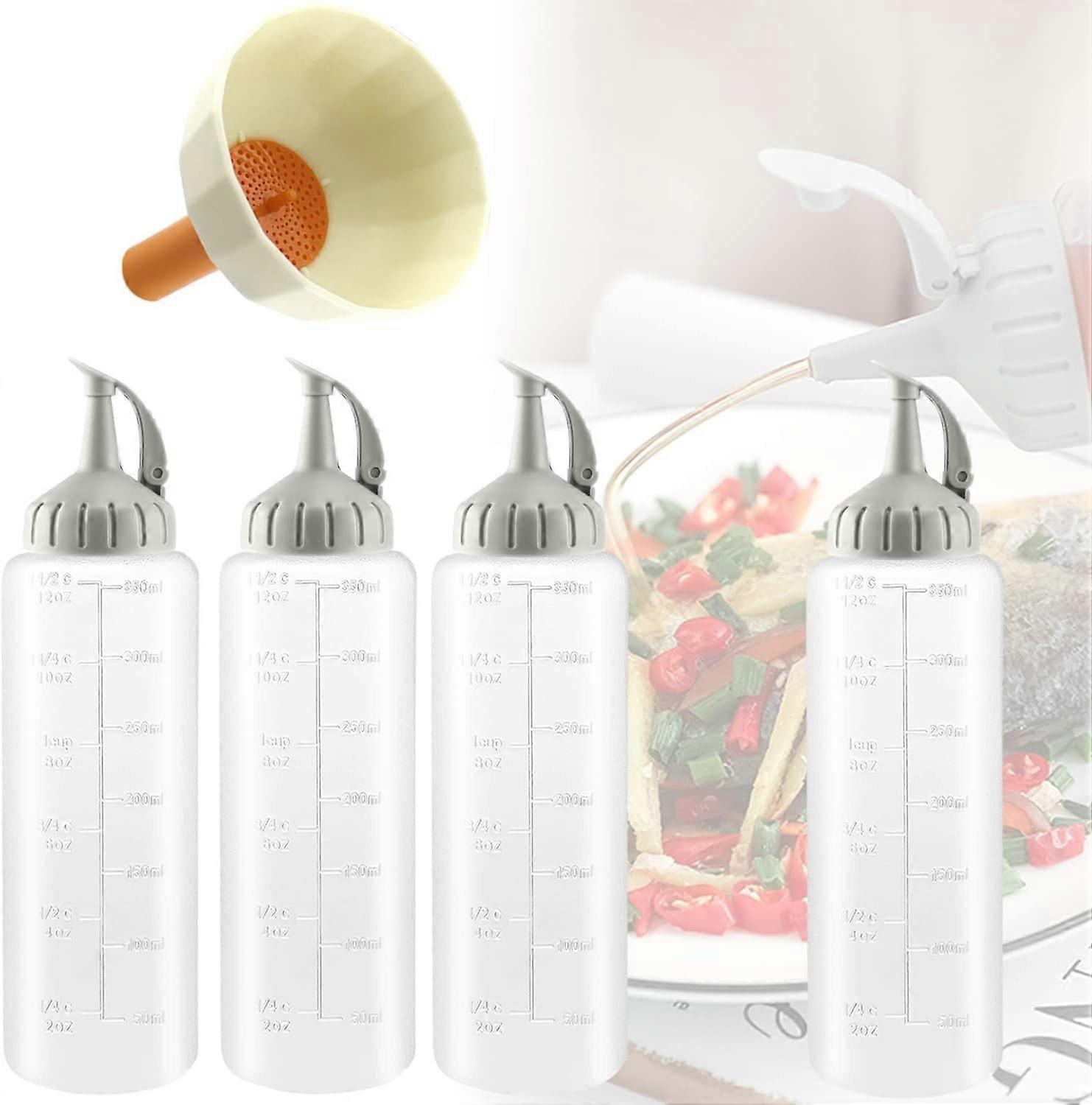 4 Pieces Sauce Bottle with Cap 350ml Plastic Condiment Squeeze Bottles Clear Sauce Bottles for Home Restaurant Ketchup, Mustard, BBQ with Funnel(Grey)