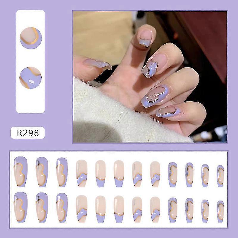 24pcs Purple Nail Patch Sweet Style Long Paragraph Removable Manicure Save Time