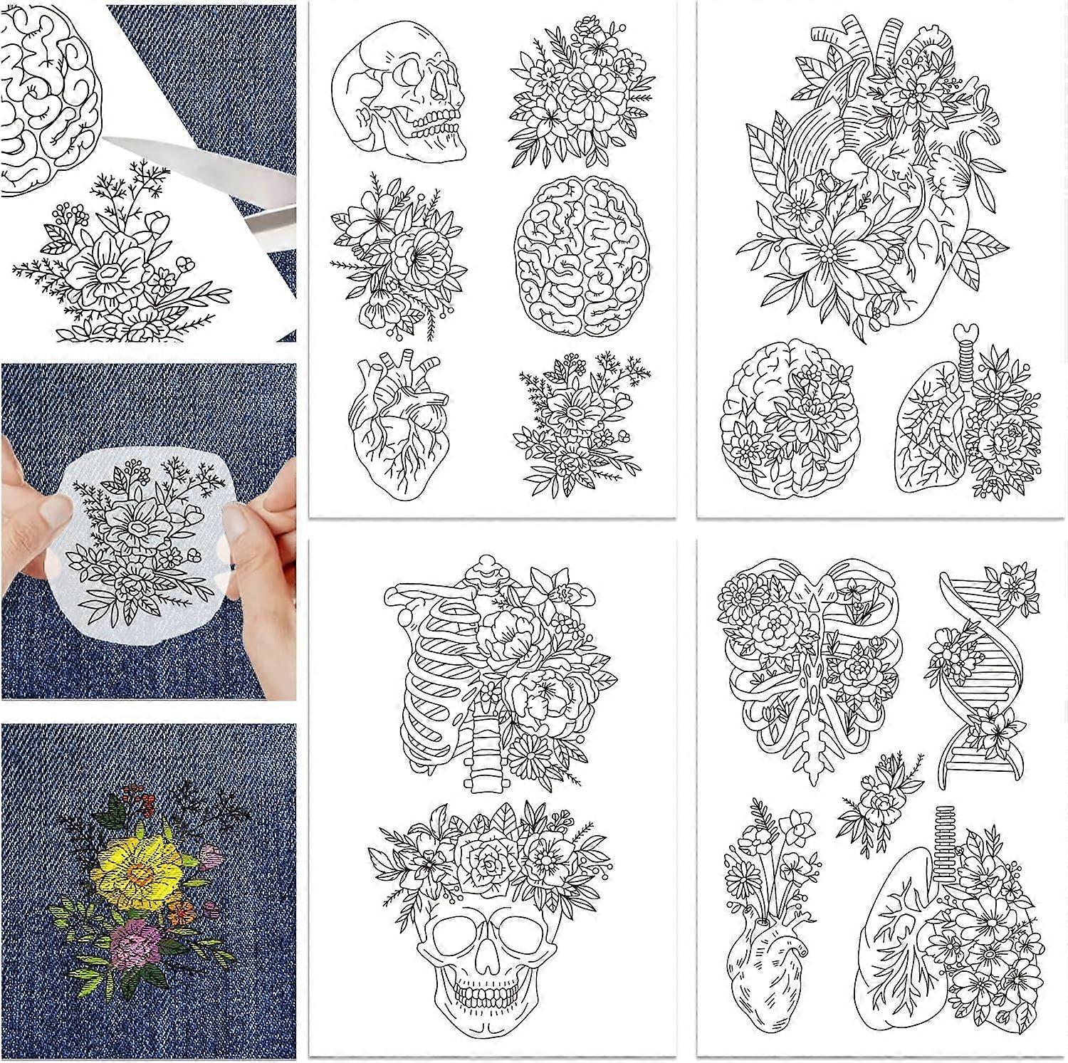 DIY 4 Sheets Flower and Organ Skeleton Water Soluble Stabilizer Hand Sewing Stabilizers with Pre Printed Stick and Stitch Self Adhesive Wash Away Stab