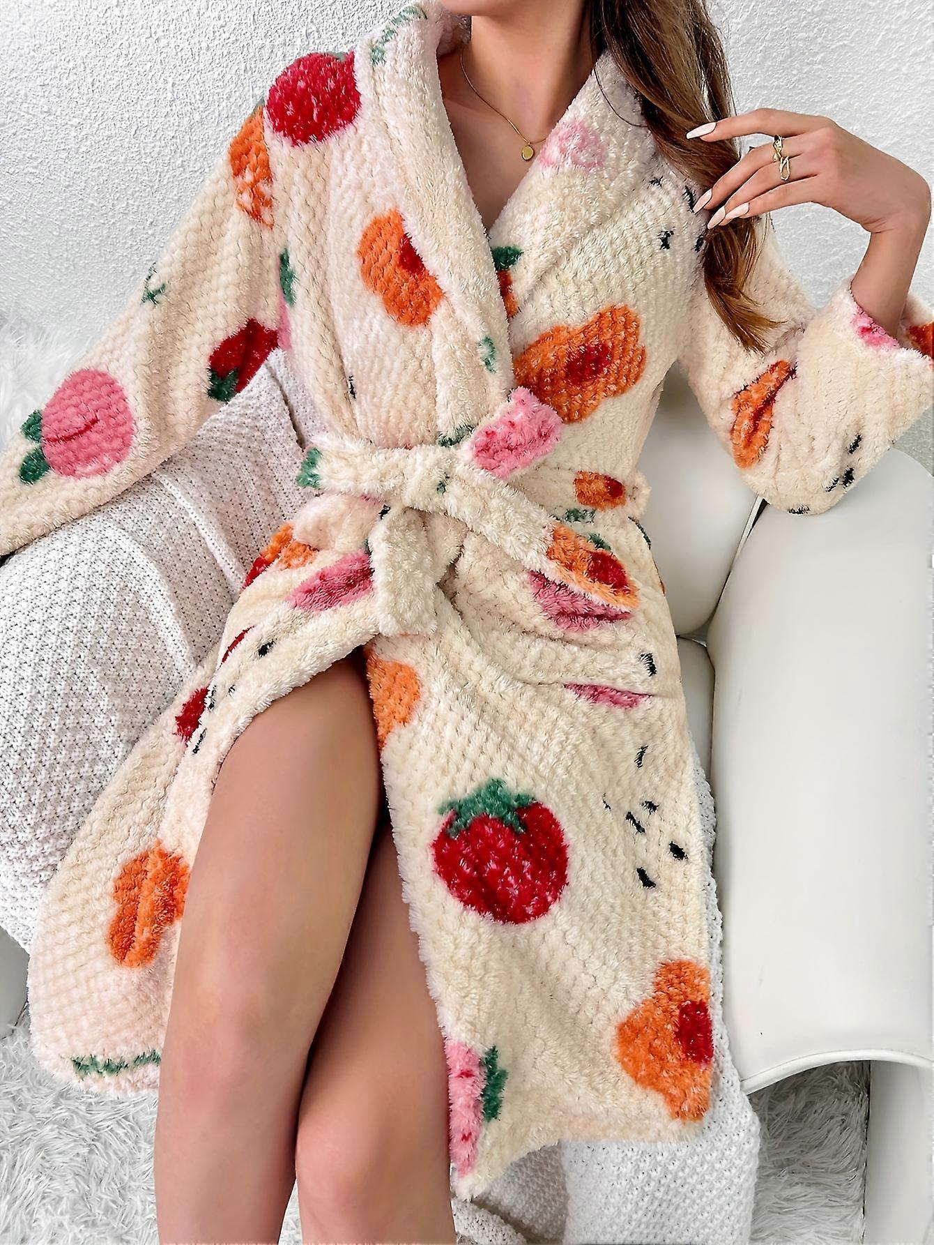 New style Floral Print Plush Textured Night Robe, Cute Long Sleeve V Neck Pocketed Robe With Belt, Women's Sleepwear & Dresses for fall/ winter