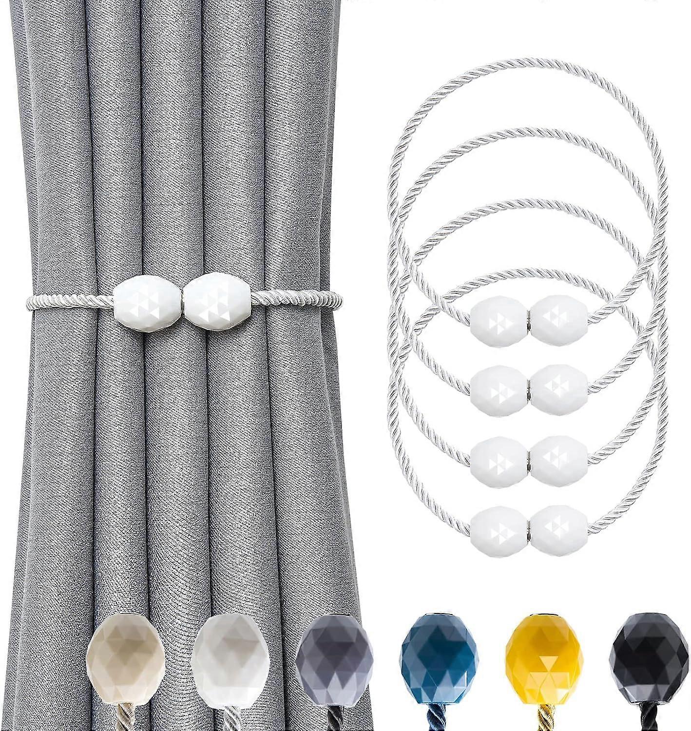 4 Pack Magnetic Curtain Tiebacks Handmade Weave Rope Curtain Holdbacks Elegant Decorative Polyhedra Curtain Drape Tie Backs (White)