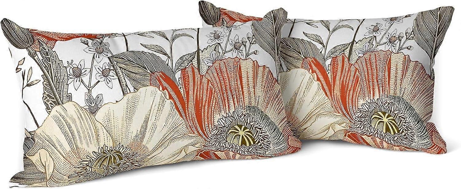 ヴィンテージの花の枕カバー12x20インチセット2つのオレンジイエローの花の葉装飾的な正方形の自由奔放に生きるスロー枕ソファの素朴な枕ケースホーム