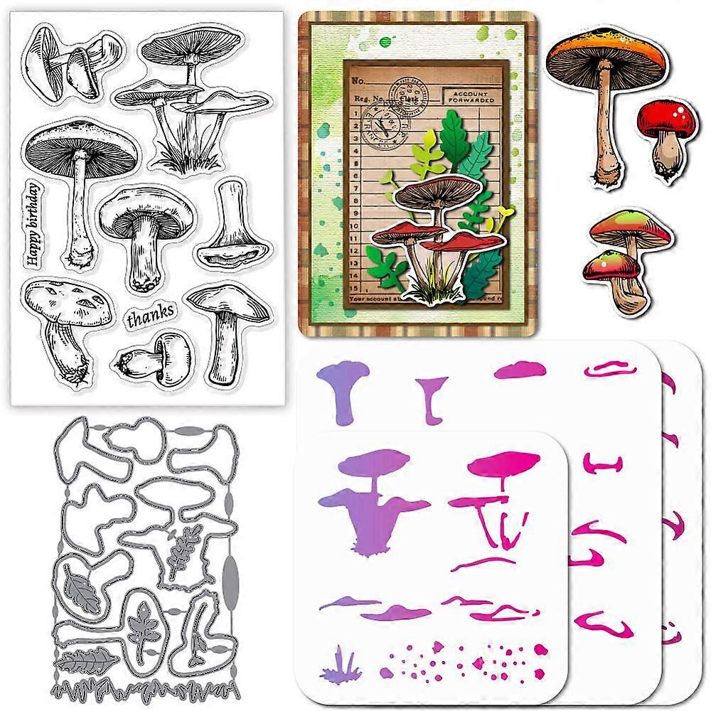 1 Sheet PVC Plastic Clear Stamps with 1Pc Carbon Steel Cutting Dies Stencils with 1 Set PET Hollow Out Drawing Painting Stencils Mushroom 160x110mm
