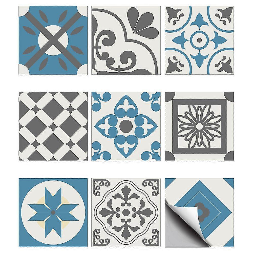 Waterproof PVC Tile Stickers for Kitchen Bathroom Waterprrof Wall Tiles Square with Flower Pattern Light Sky Blue 100x100mm 36pcs/set
