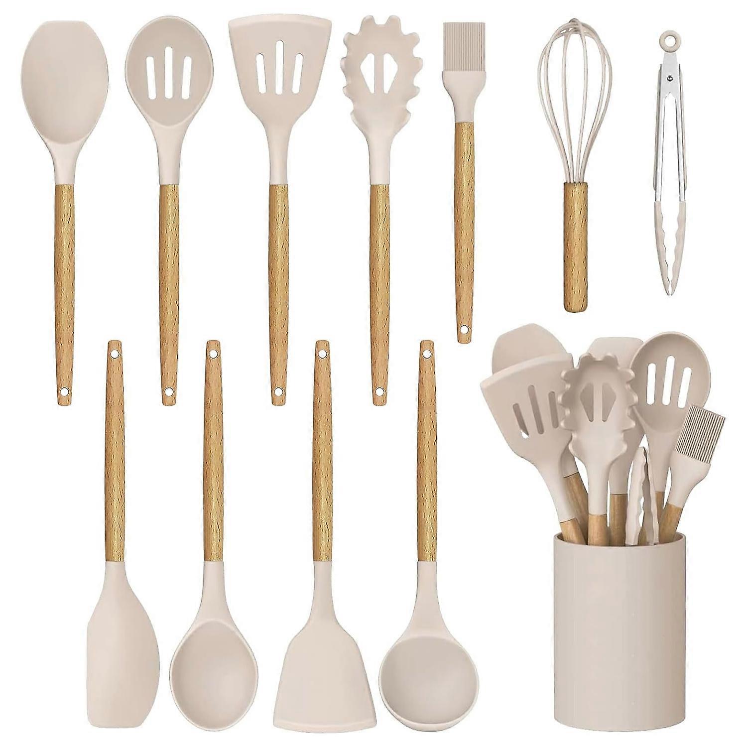 Versatile 12-Piece Khaki Silicone Kitchen Utensils