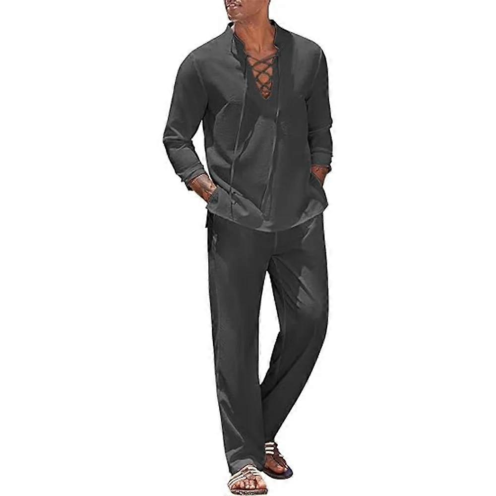 2pcs Set Men's Cotton Linen Shirt and Pants Suits for Men Beach Wear Tracksuit Men Solid Color Shirts Sweatpants Lightweight