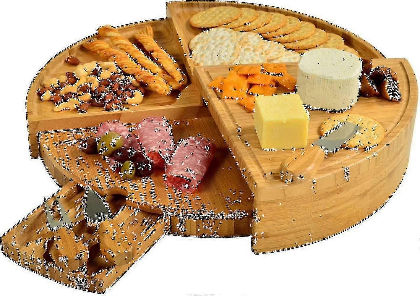 Patented Bamboo Cheese/charcuterie Board With Knife Set-stores As A Compact Wedge-opens To 18" Diameter-designed Quality Checked I Better One -CN