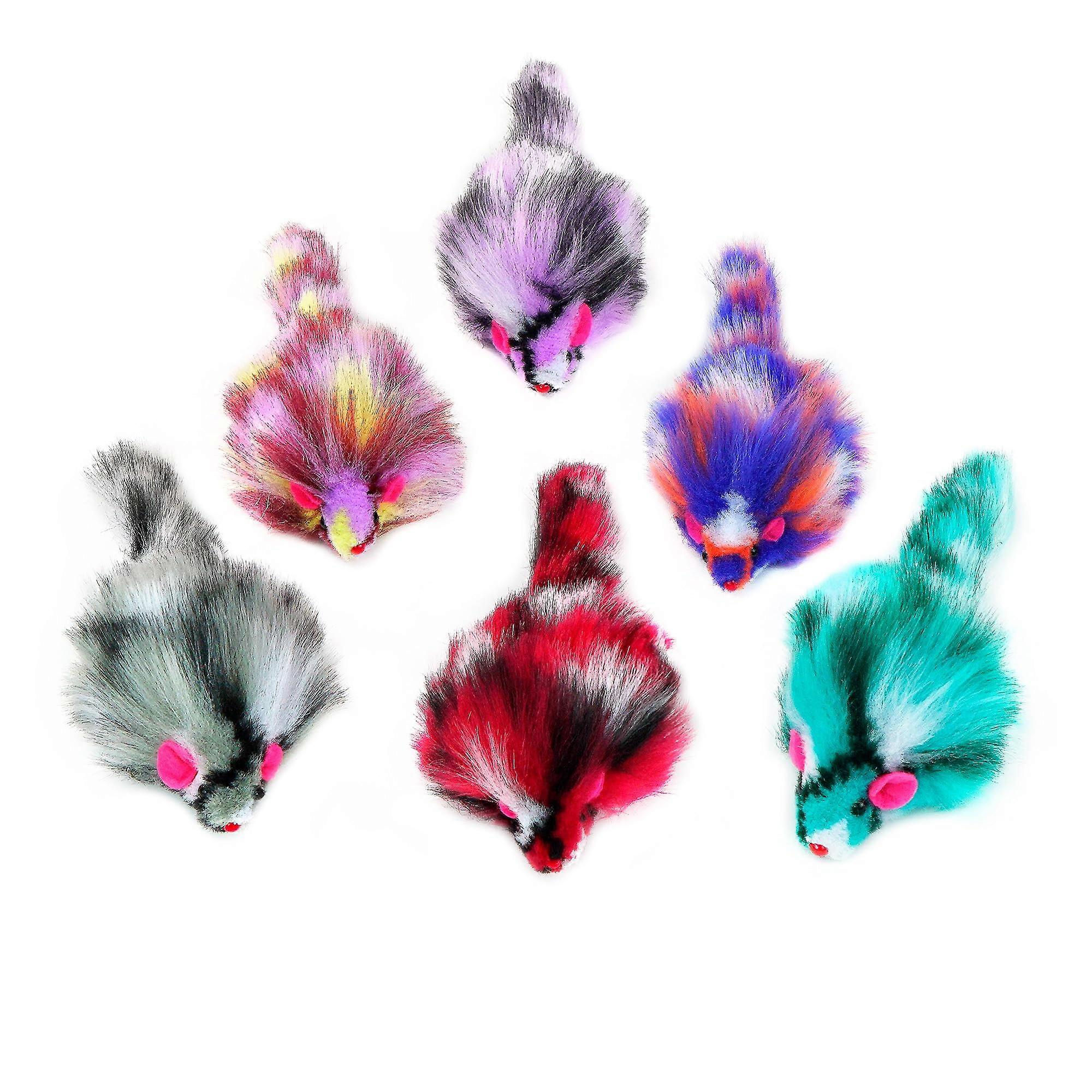6-Pack Long-Haired Gradient Cat And Mouse Toys, Plush Fabric, Multi-Colored Design, Cat Toy Set