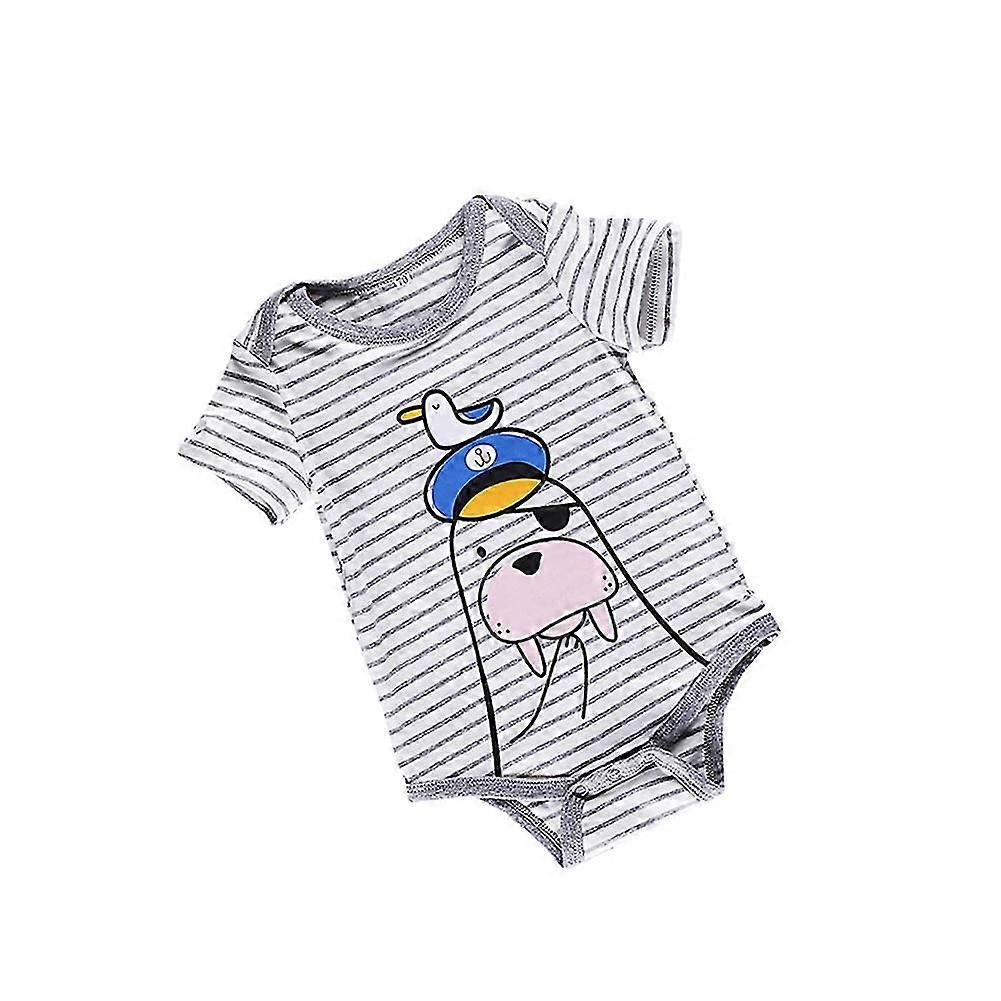 Baby Boy Summer Grey Stripes Cartoon Printed Jumpsuit with Short Sleeve Round Neck