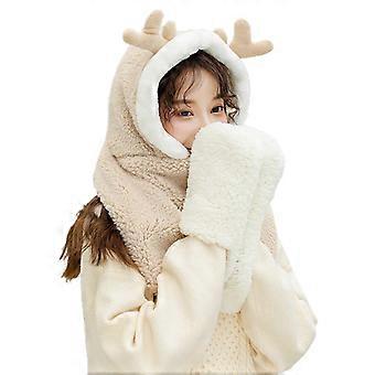 Sombrero con capucha de felpa con capucha 3 en 1 con bufanda de reno cálido de invierno para mujer con guantes de bufanda larga gris