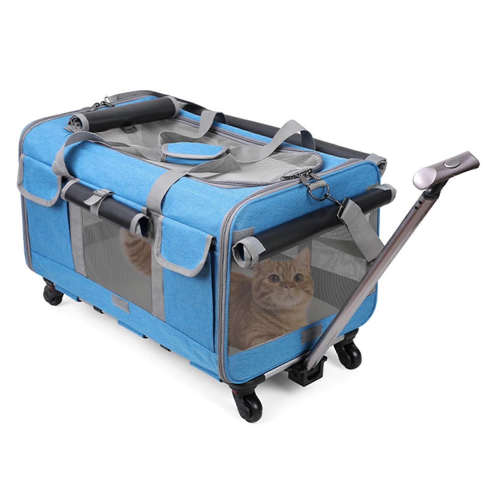 Cat Dog Carrier with Wheels, Airline Approved Rolling Pet Carrier for Travel, Telescopic Handle, Foldable, Safety Belt