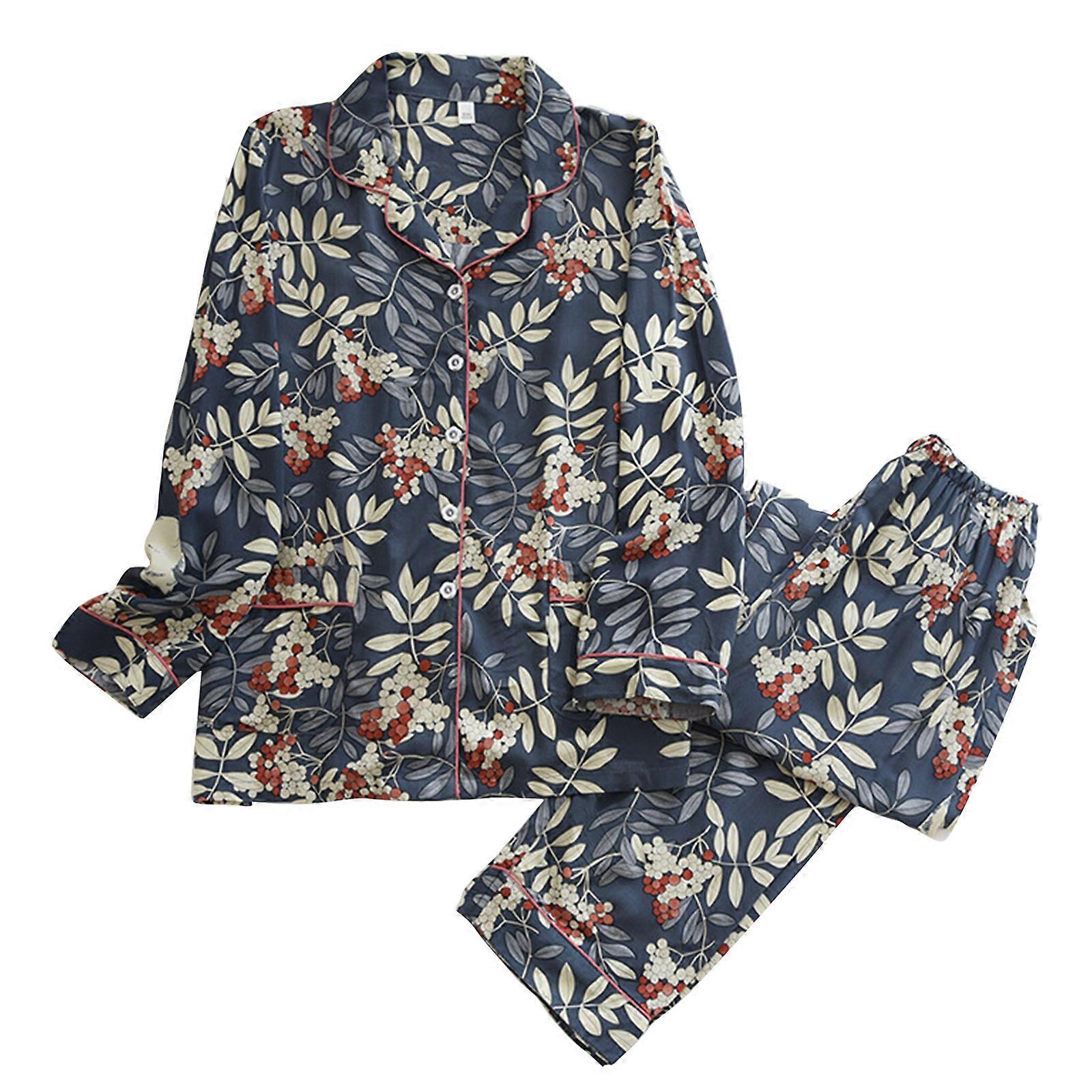 Damen Soft Button Down Nachtwäsche Set Bedruckt Loungewear Pyjama Set Herbst Pyjamas Anzug Hosen Set Langarm Pyjama M