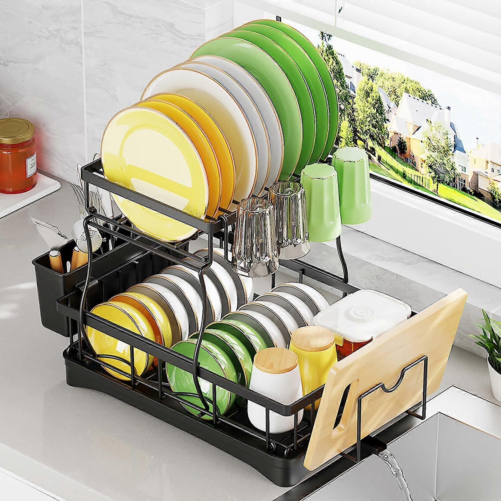 Dish Drying Rack, Larger Multifunctional 2-Tier Dish Racks for Kitchen Counter,Dish Rack with Drainboard & Mat
