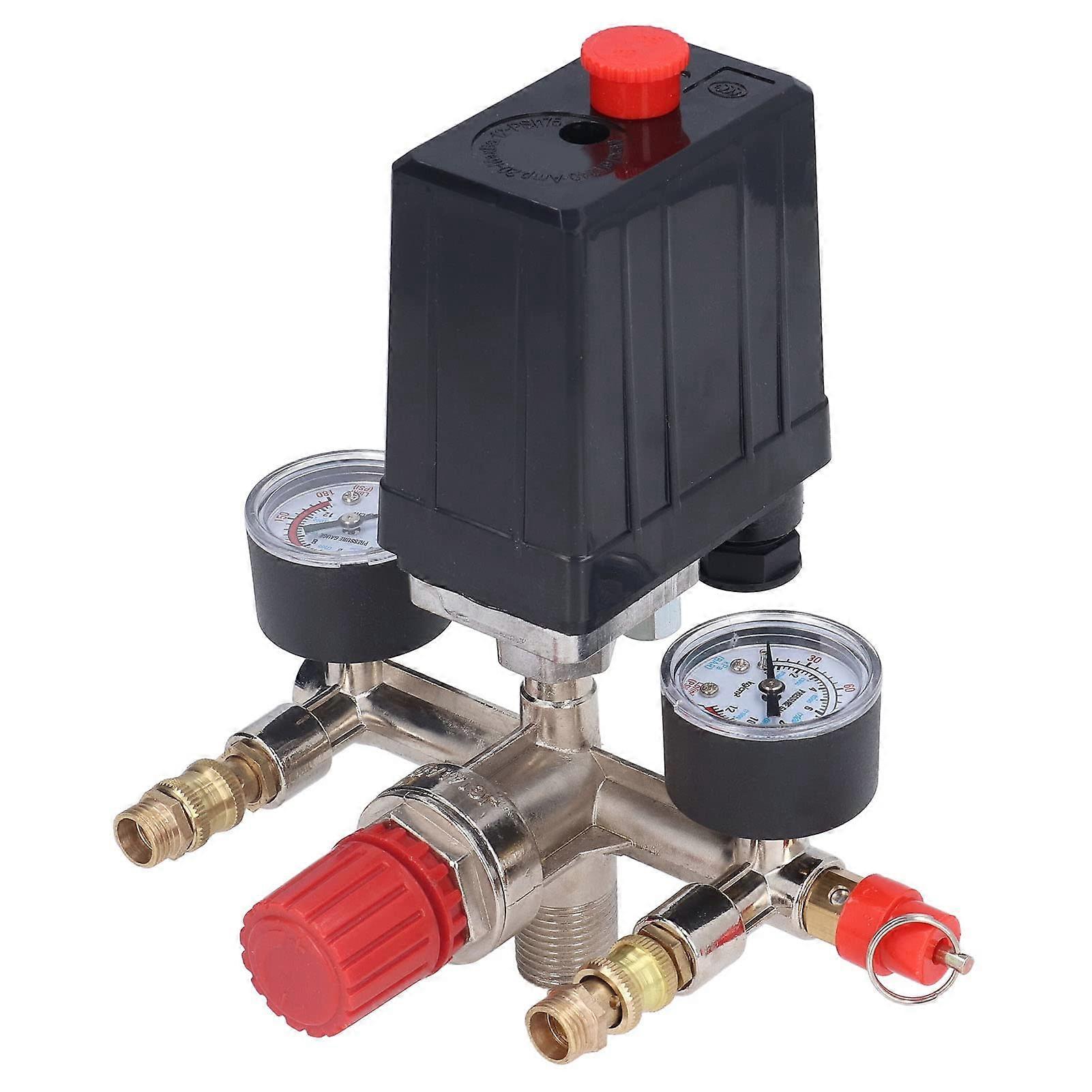 90-120PSI Adjustable Air Compressor Pressure Valve Kit with Switch, Regulator and 2 Gauges for Easy Control and Clear Display 0-180 PSI Gauge Range
