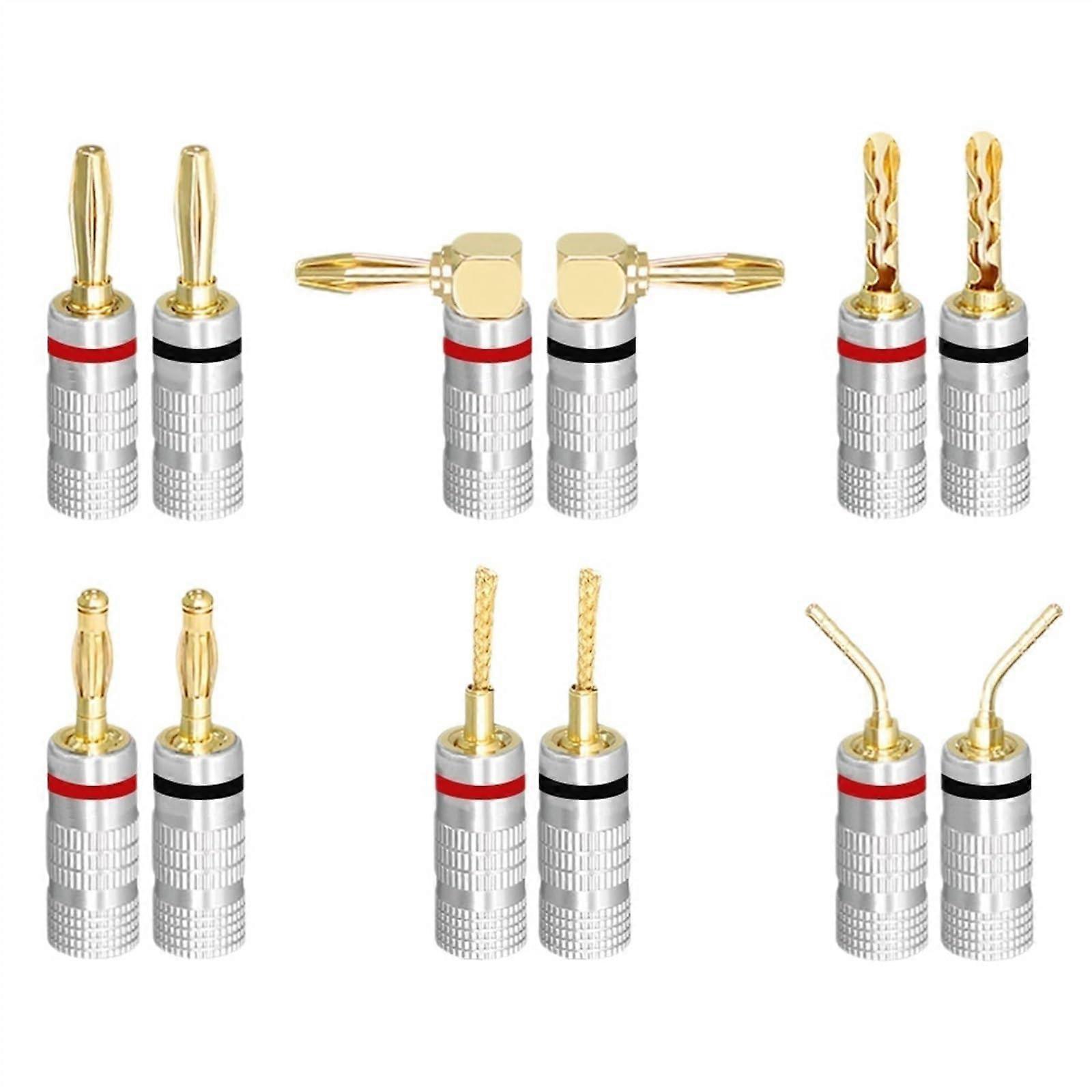 Speaker Banana Plugs 4mm, 24K Gold Plated Right-Angle Connectors for Speaker Wire, 2- or 6-Piece Set