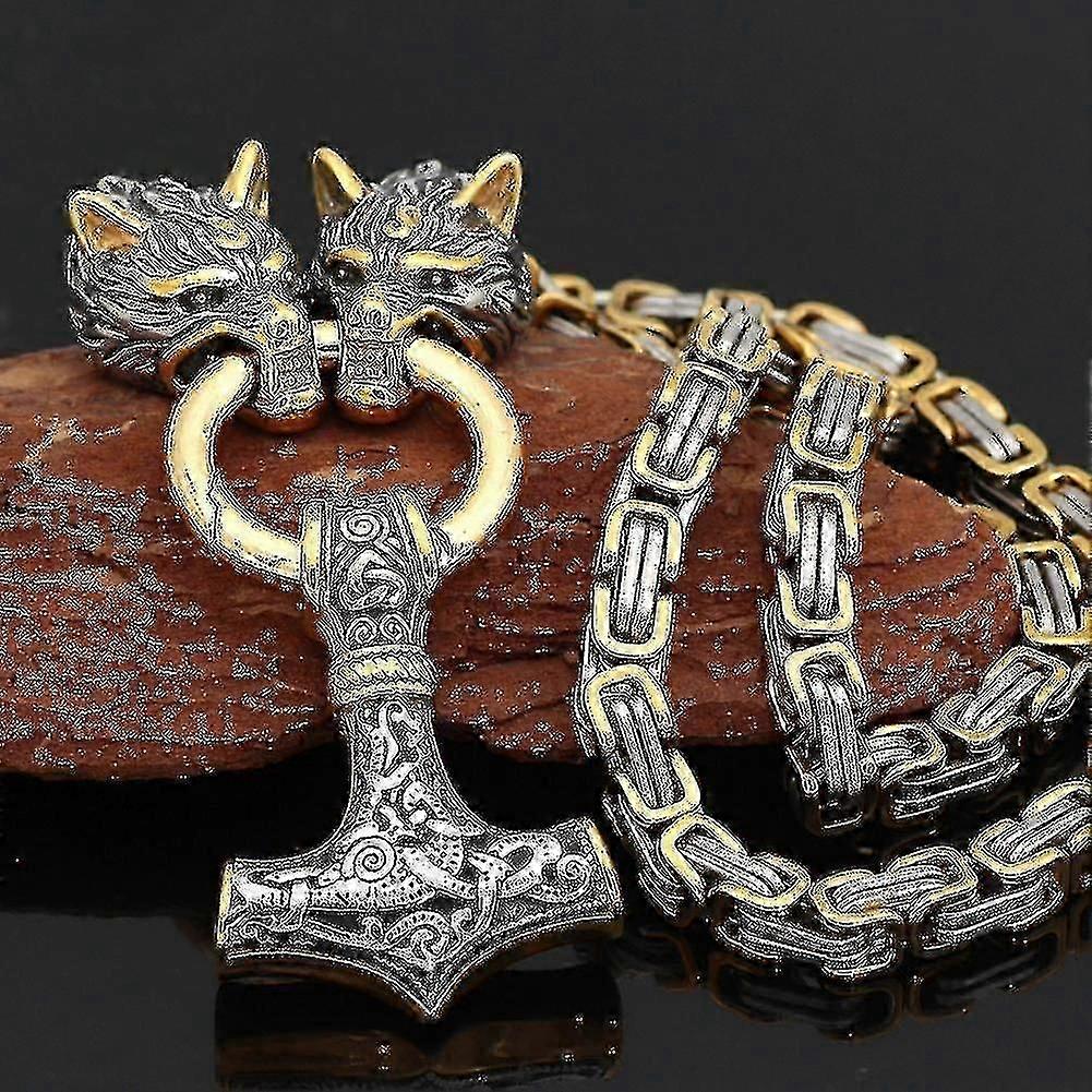 Collana Pendente Martello di Thor Testa di Lupo Vichingo in Acciaio Inox con Catena in Cuoio per Uomo