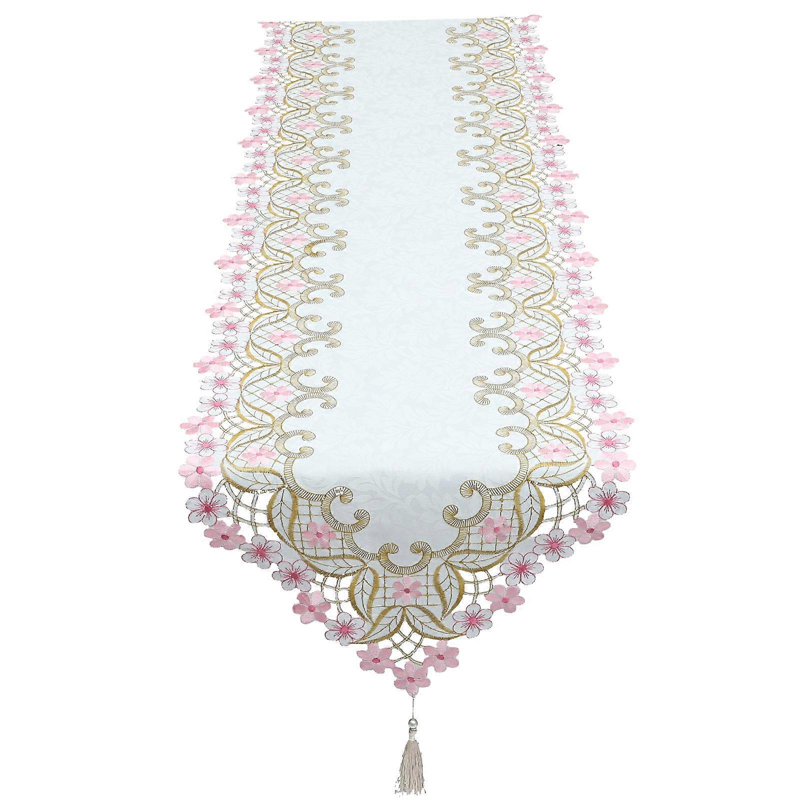 Embroidered Washable Table Runner with Floral Pattern for Spring Home, Dining, Tea and Pastoral Tables