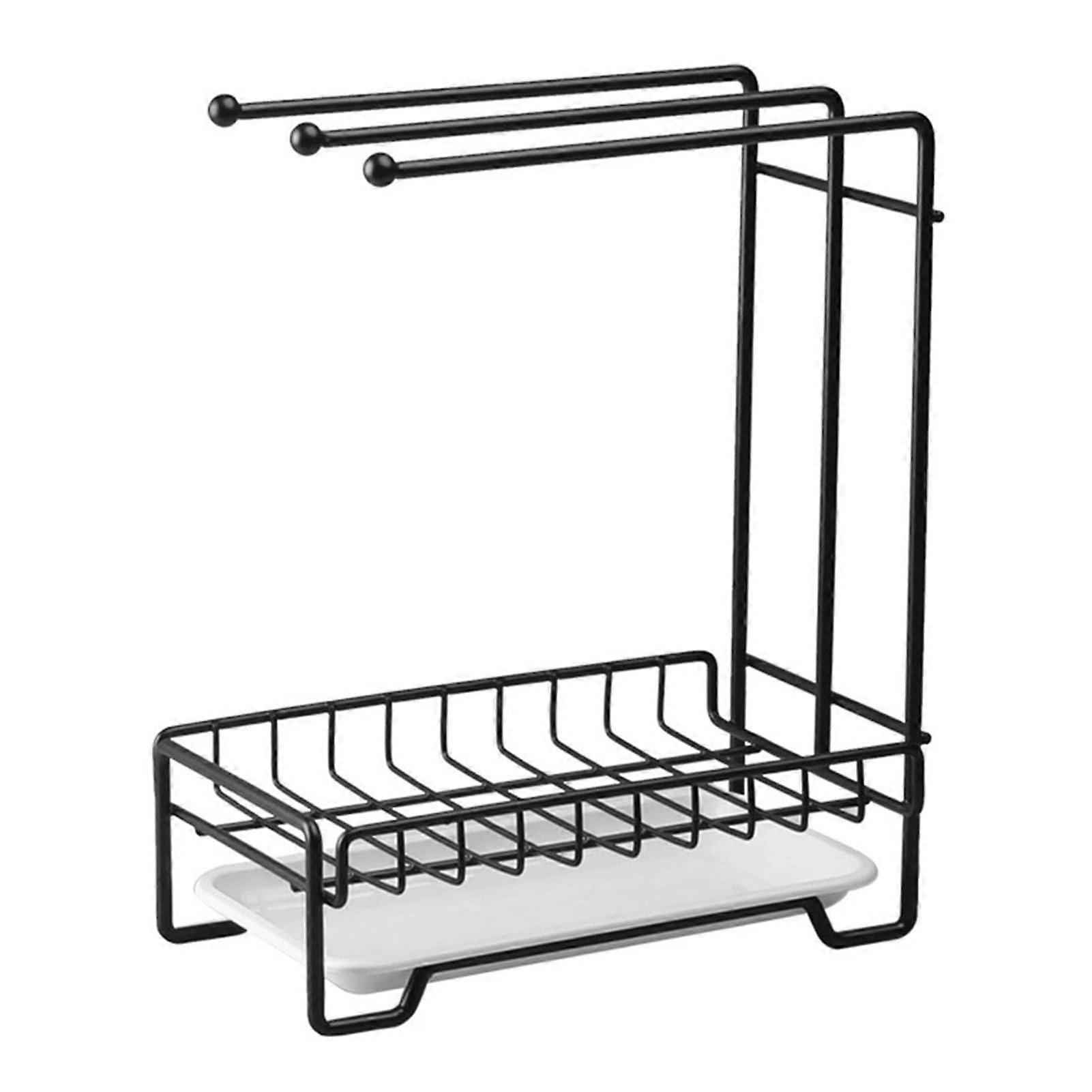 Kitchen Sink Sponge Organiser with Dish Towel Drying Rack, Durable Plastic Sponge Holder for Counter, Space-Saving Design