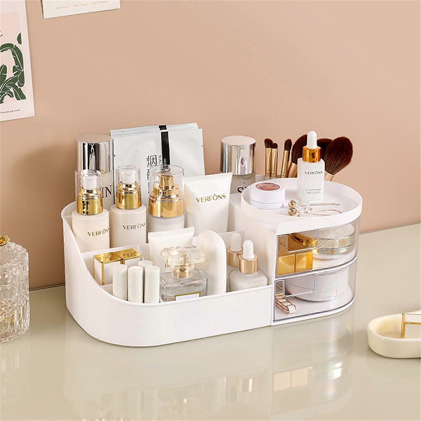 Makeup organizer with drawers, large capacity, cosmetic storage case in white