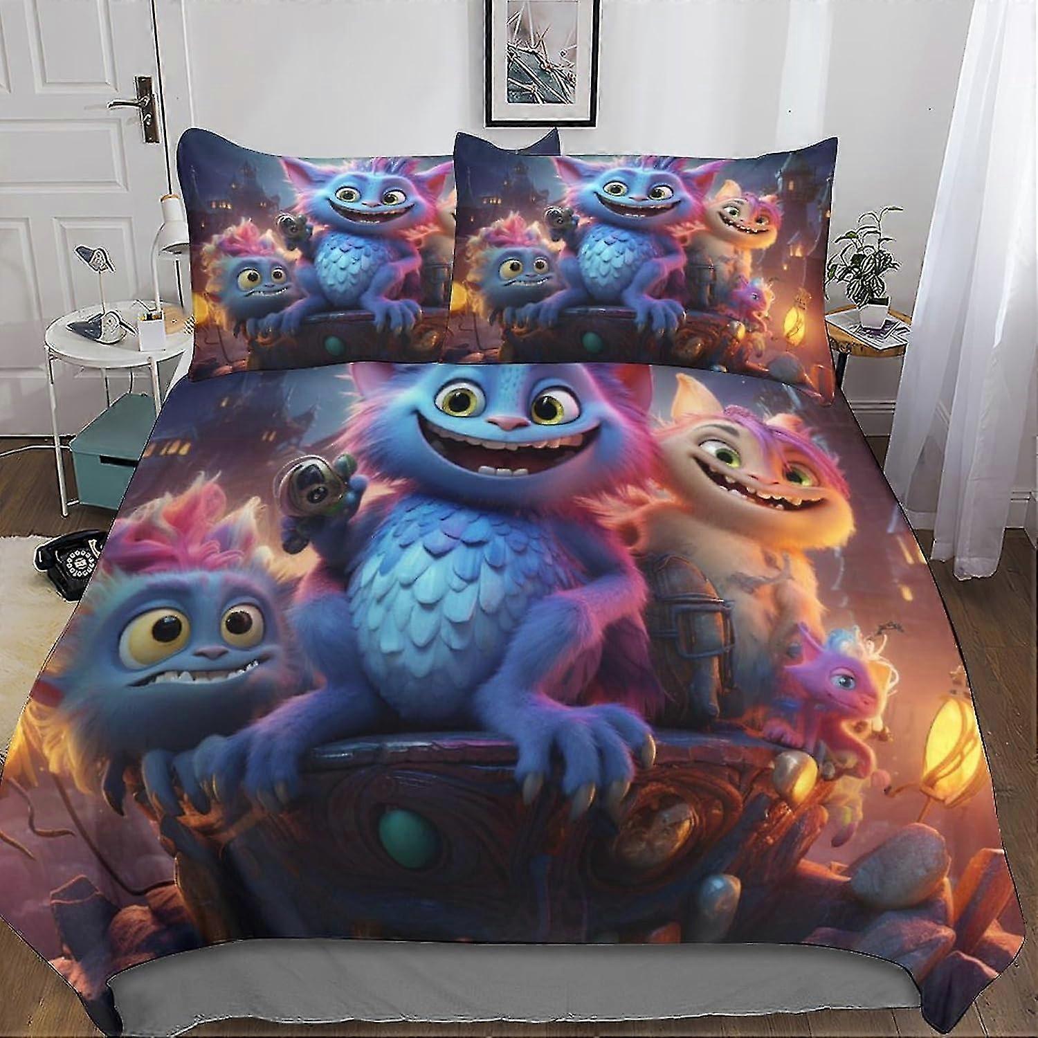 Kids Bedding Set with Animated Characters 3D Printed Duvet Cover, Pillowcase, and Zipper Closure Soft Microfiber