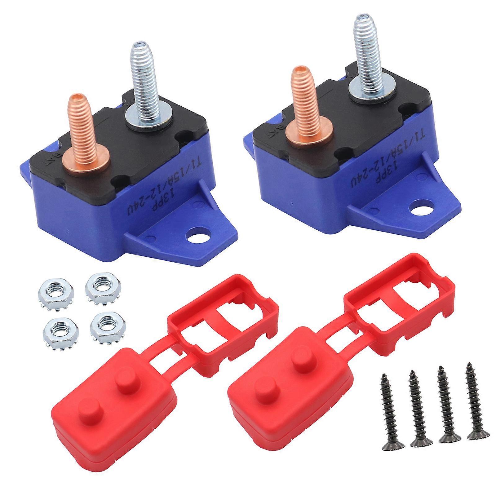 Pack of 2 15A Auto Reset Circuit Breakers with Red Sheath for 12/24VDC Applications Metal Mounting Brackets Included Multicolor