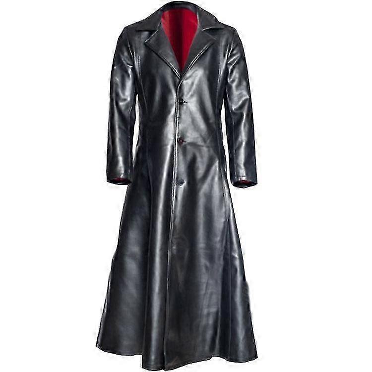 2025 Plus Size Heren Effen Kleur Revers Skinny Button PU Lange Leren Jas