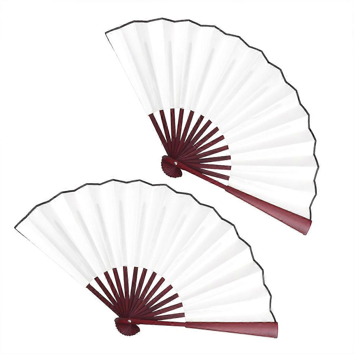 2 Pcs 10 Inch Fabric Folding Fans Handheld Blank Fans with Simulated Red Wood Frame in Chinese Style for Decoration and Gifts White