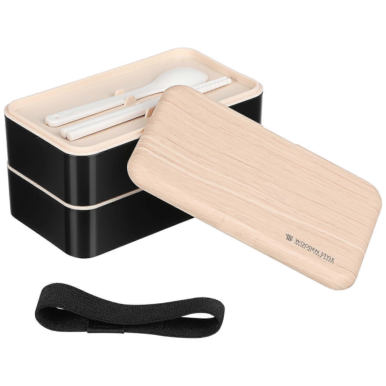 Rectangular Double Layer Food Container Ideal For Office School Picnic Camping 1Pcs In Black