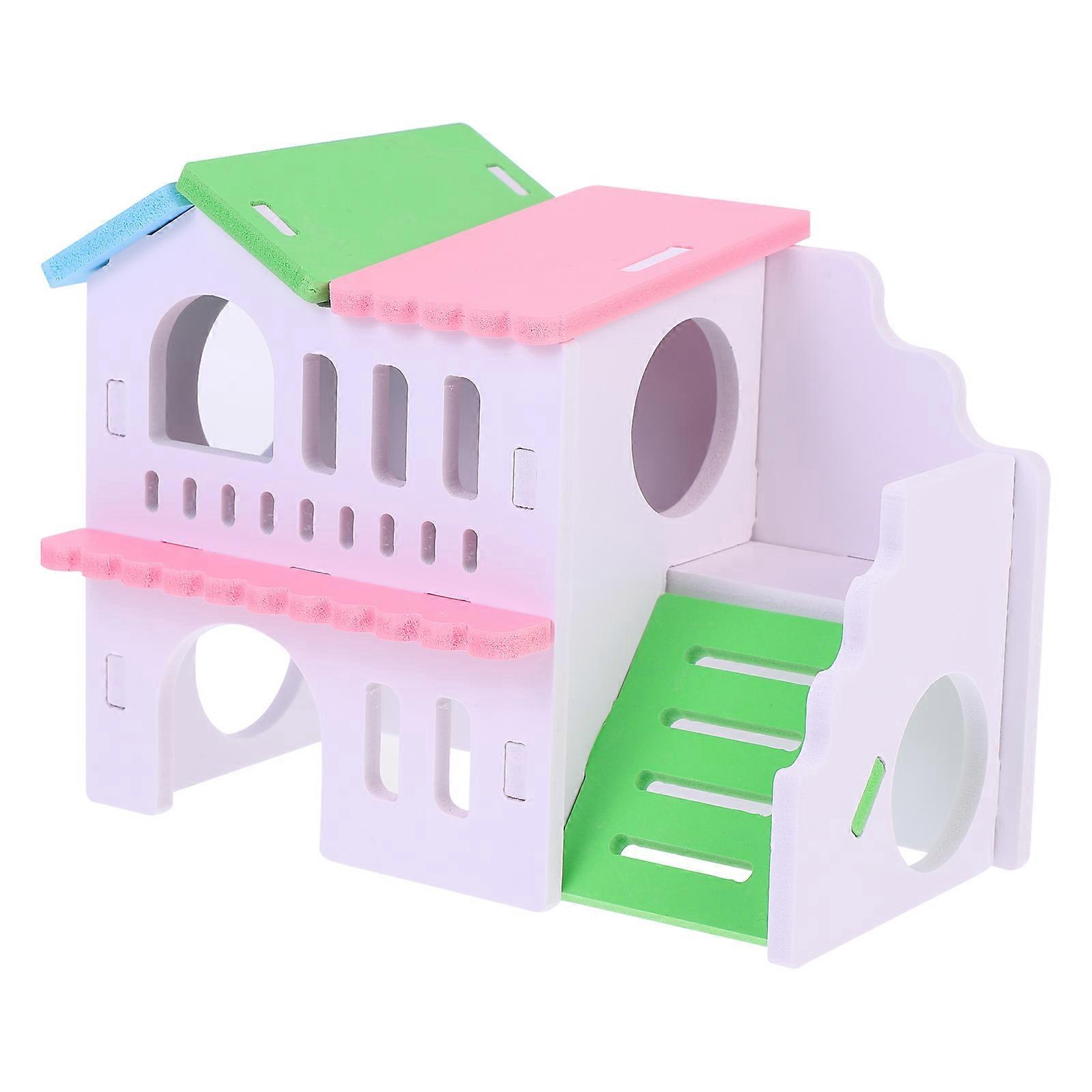 Colorful Wooden Hamster Villa Double Floor Pet House with Slide Platform Creative Hideout for Small Pets Cozy Exercise Play Habitat Castle