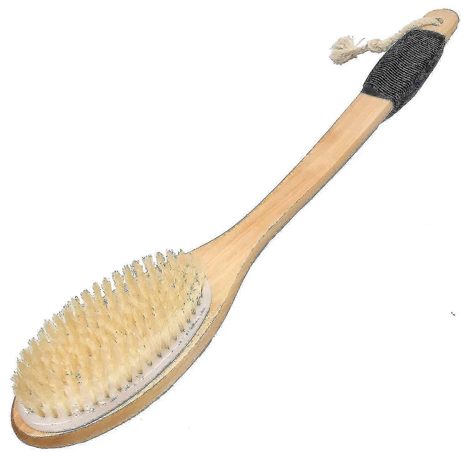 Brosse de bain à long manche pour l’exfoliation, conception incurvée en bois avec poignée antidérapante, autolaveuse à poils naturels