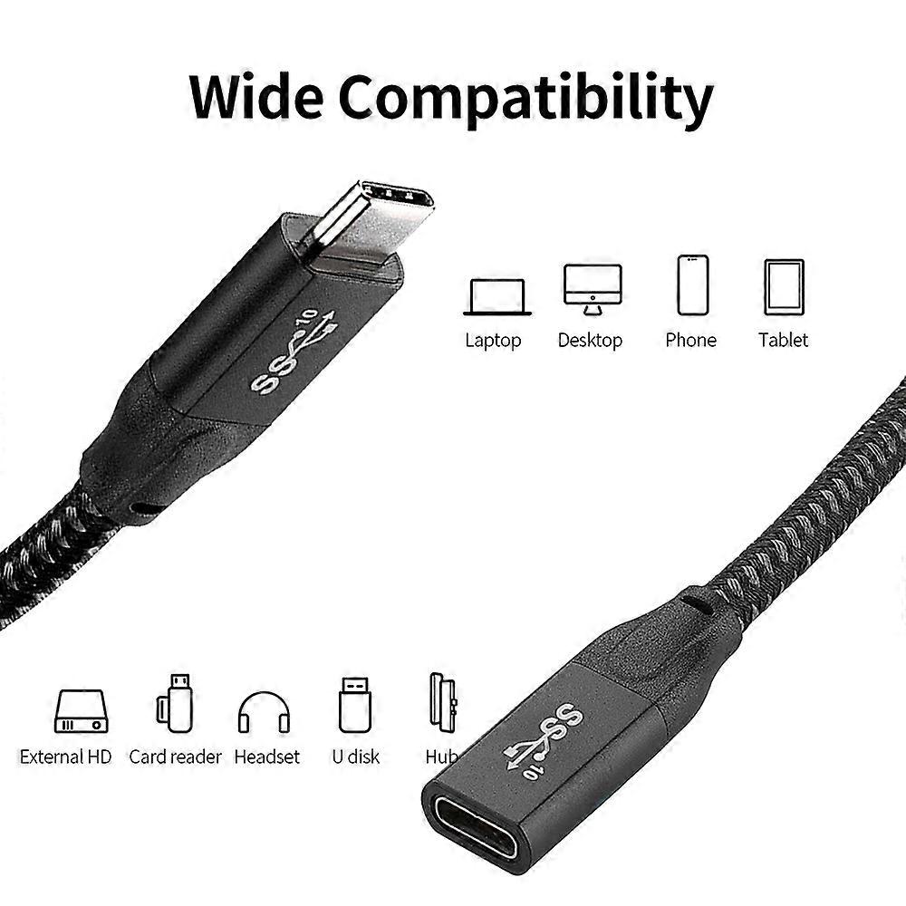 USB-C 3.1 Gen2 20Gbps Extension Cable PD100W Quick Charge 4K Video Black 0.3m