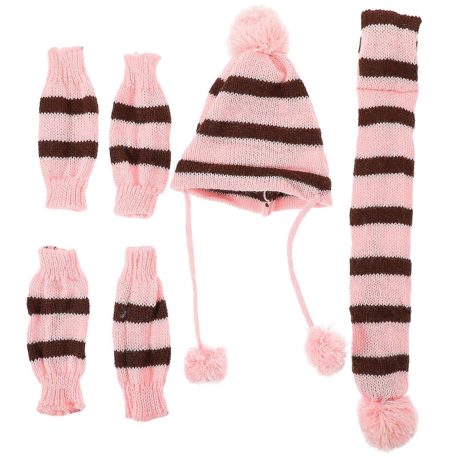 1 Set Knitted Winter Dog Scarf Hat Warm Costume Festival Stripe Clothes Accessories Size Pink Brown